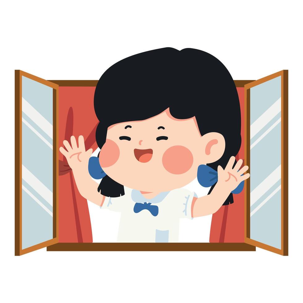 Illustration of Girl Waving from Window vector