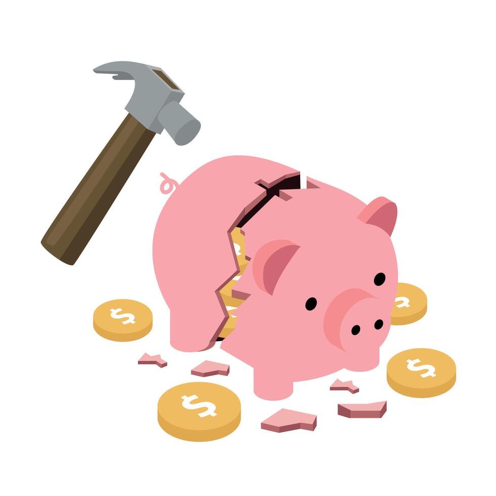 Broken Piggy Bank with Hammer and Coins Savings Concept vector