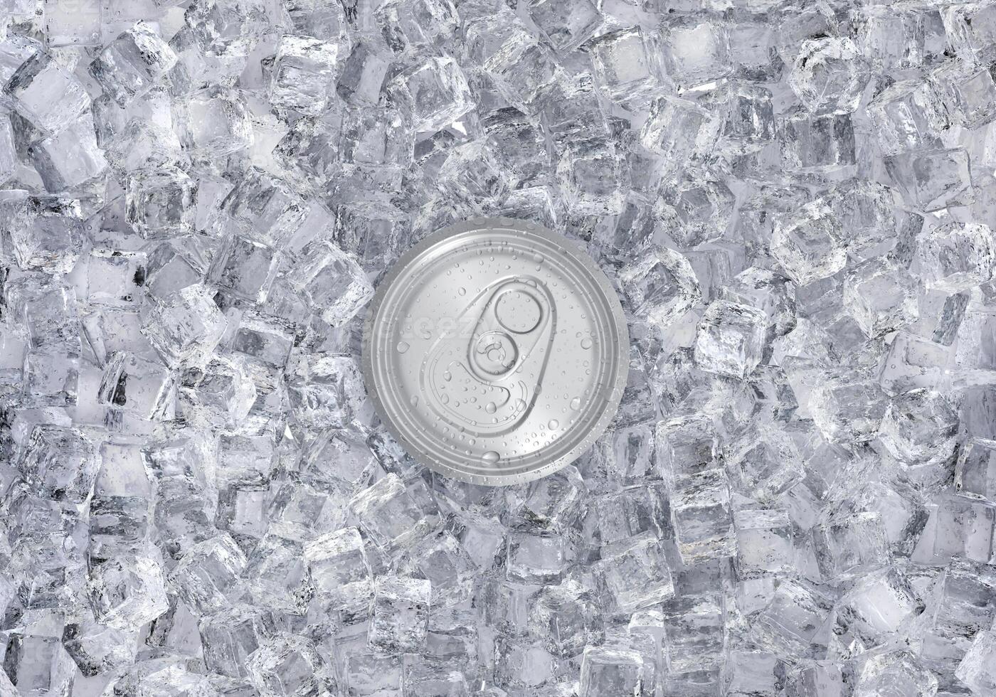 Top view. Aluminum soda can with water drops on ice cubes. Summer refreshing drink photo