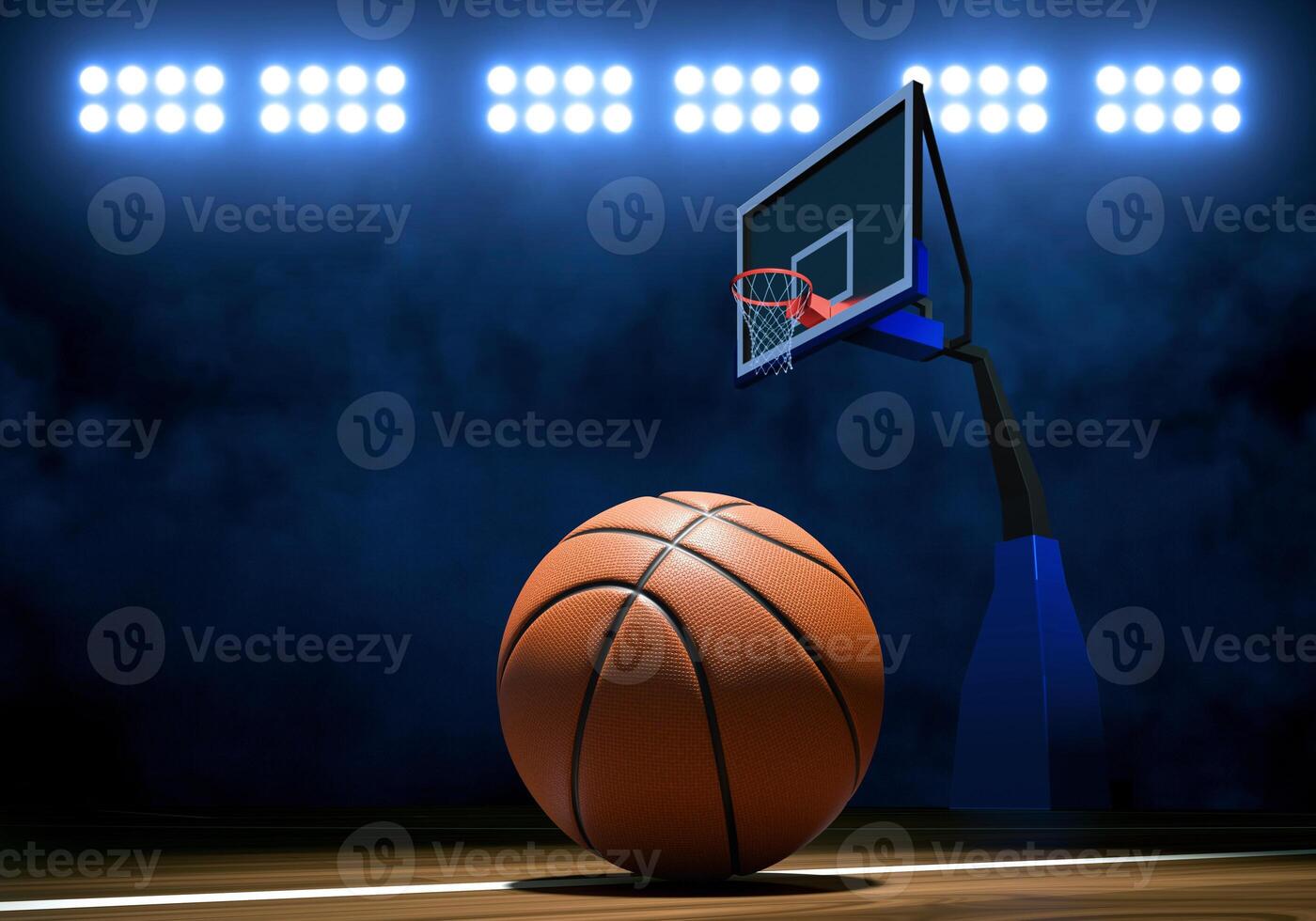 Basketball ball on realistic basketball court. on angel dark with spotlight photo