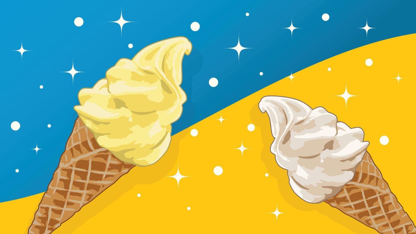 Yellow and cream colored ice cream cone on blue and orange background. vector