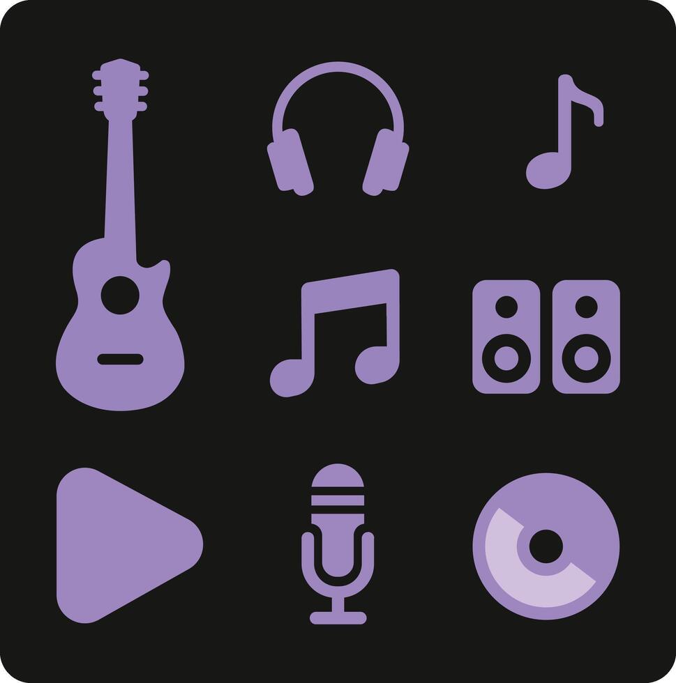 Musical Melody Icon Set An artistic arrangement of music-related icons, encompassing a guitar, headphones, musical notes, speakers, a play button, a microphone, and a CD. vector