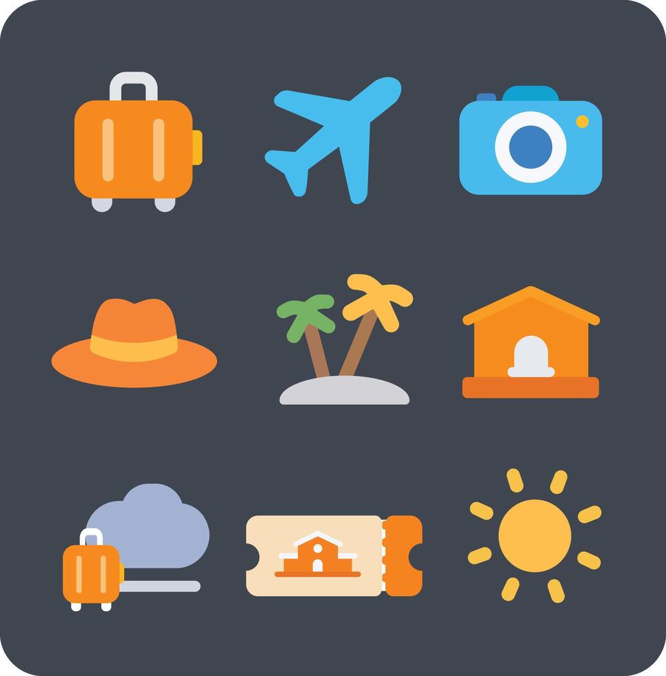 Holiday Icons A collection of vibrant, illustrated icons representing travel, vacation, and journey essentials. These elements embody the spirit of adventure and exploration. vector