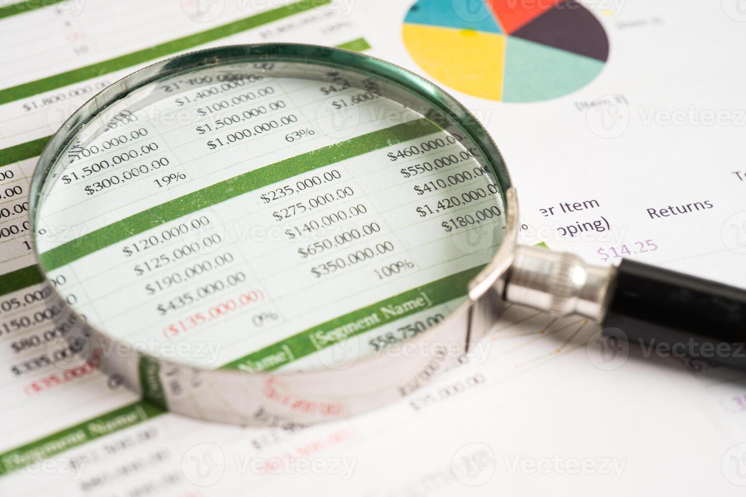 Magnifying glass on graph paper. Financial development, Banking Account, Statistics, Investment Analytic research data economy, Business. photo