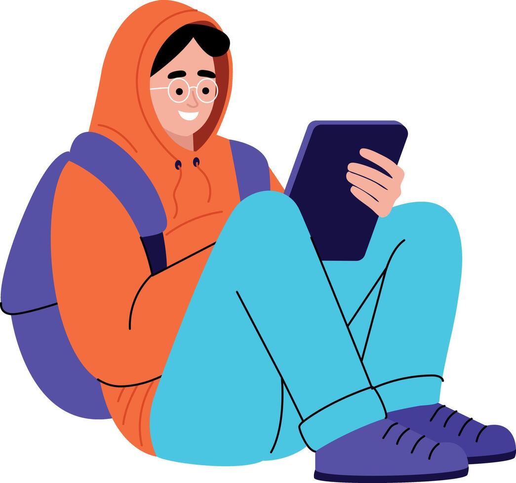 A flat style illustration showing a student checking notes on mobile vector