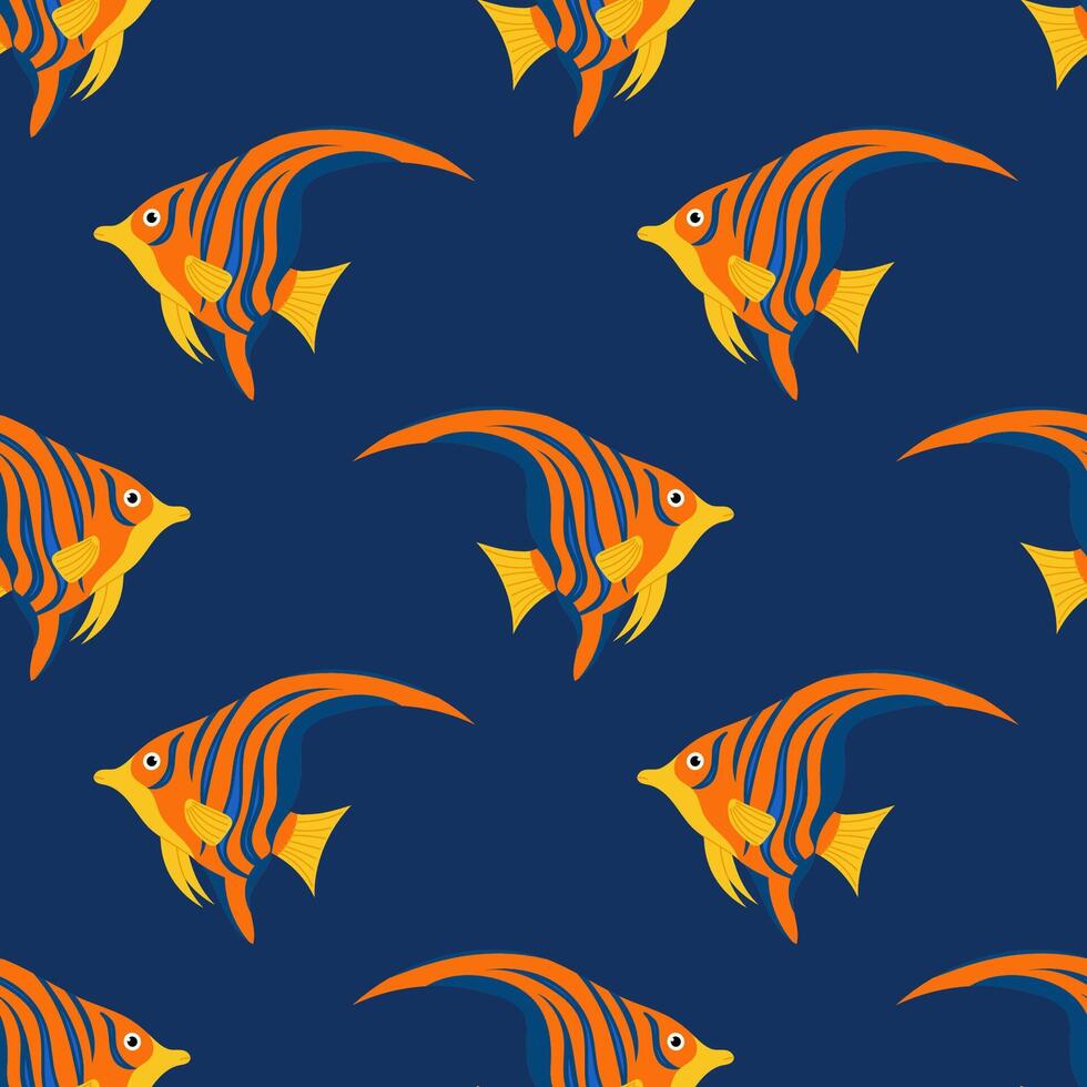 Brightly tropical fish. Seamless pattern with fish on blue background. For textiles, wallpapers and packaging, postcards or covers. vector