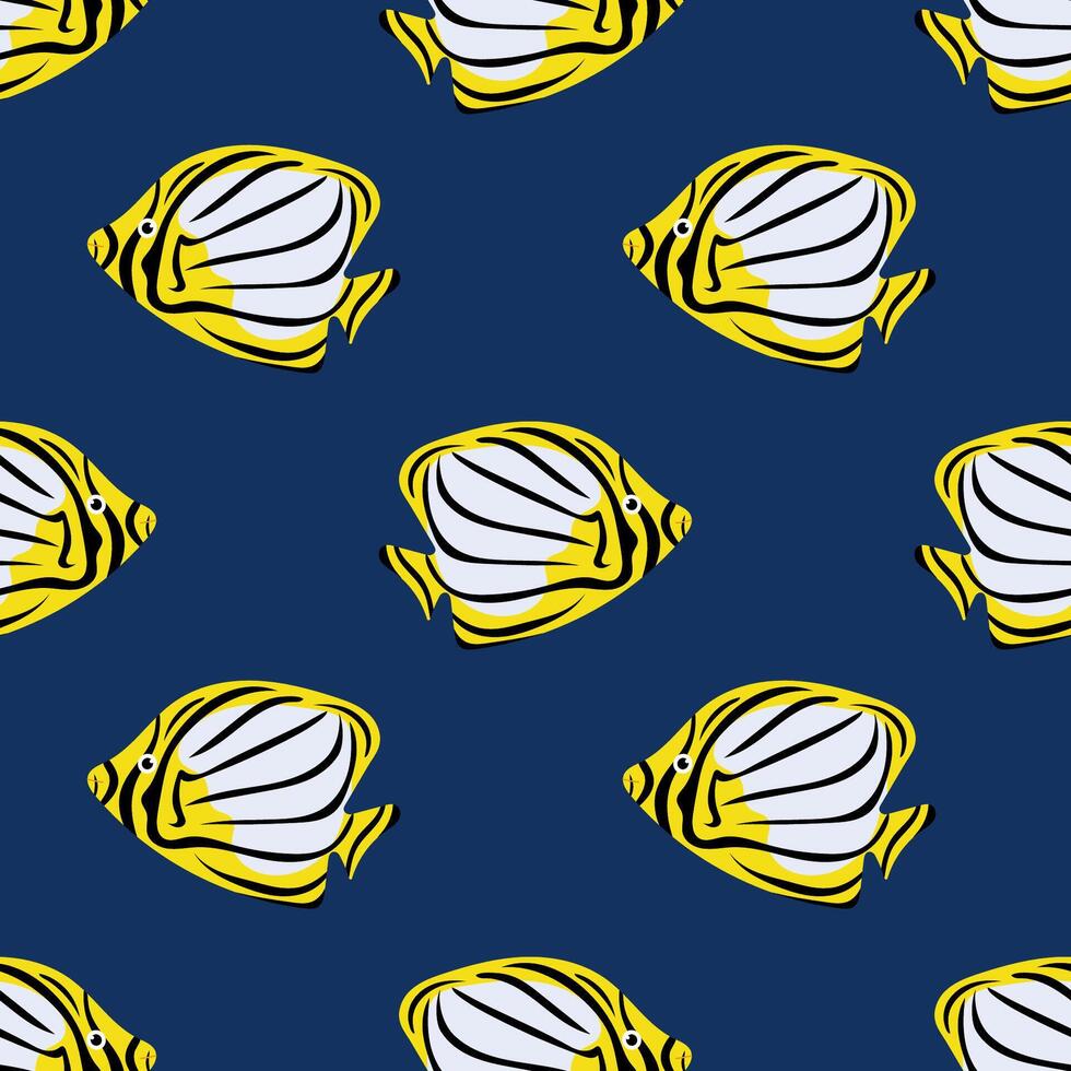 Tropical striped fish. Seamless pattern with fish on blue background. For textiles, wallpapers and packaging, postcards or covers. vector