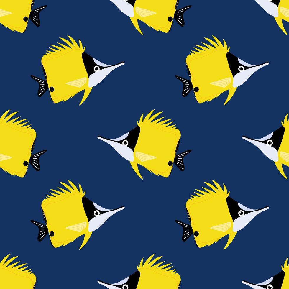 Forcipiger flavissimus. Seamless pattern with yellow tropical fish on blue background. For textiles, wallpapers and packaging, postcards or covers. vector
