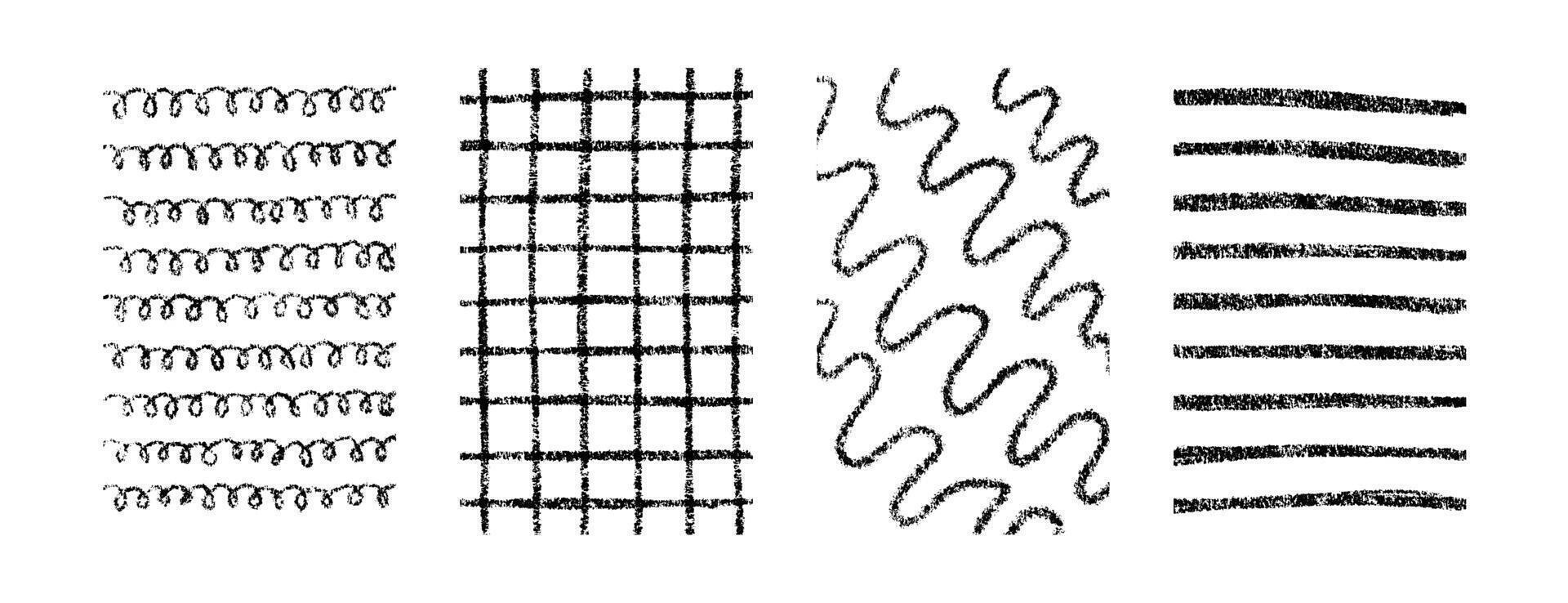 Hand drawn crayon textures pattern set. Childish freehand scribble and shapes background. Collection of design elements lines, waves, grid and spirals vector