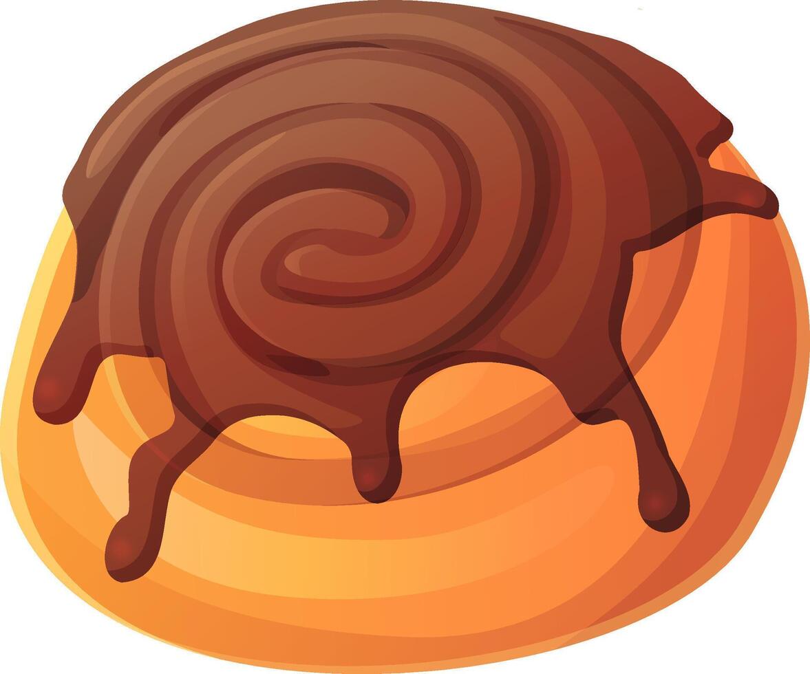Tasty cartoon-style cinnamon bun topped with rich chocolate glaze. Glossy topping dripping over a golden swirled pastry. food element for dessert designs and bakery visuals. vector
