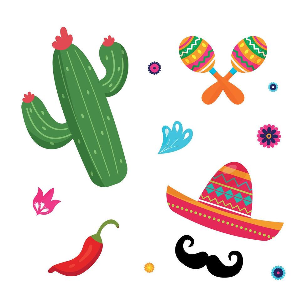 Mexican themed colorful illustrations and icons vector