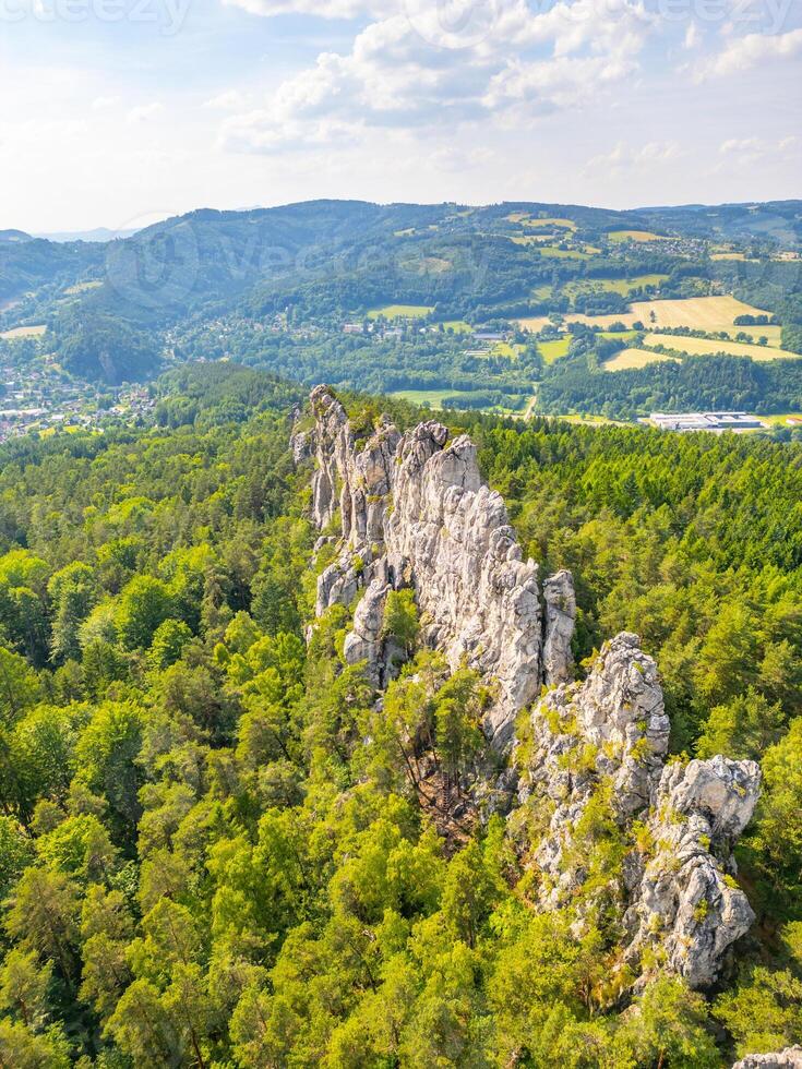 Panoramic view of the dry rocks of Suche skaly in Bohemian Paradise, Czechia. The sandstone formations rise dramatically from the lush green forest, creating a breathtaking landscape. photo
