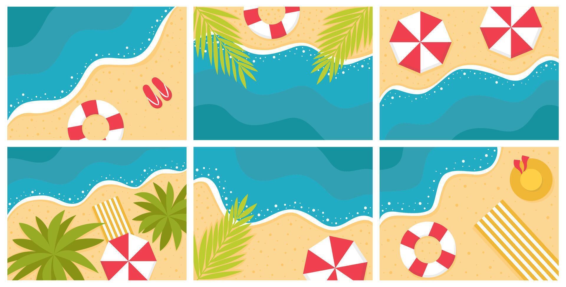 Summer beach background top view set. Top view of sandy beach with ocean wave, inflatable ring and tropical leaves flat set vector