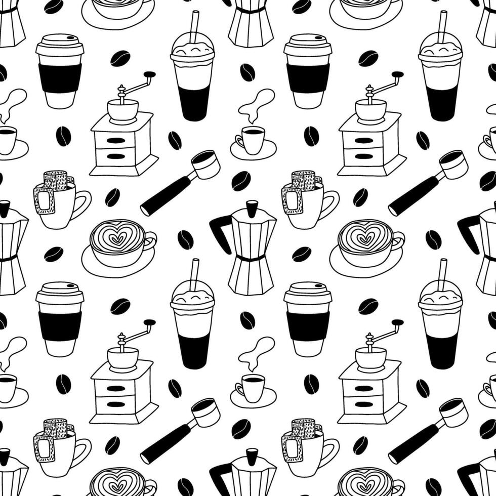 Coffee elements seamless pattern. Hand drawn Geyser coffee maker, coffee beans, mug, frappuccino pattern on white background vector