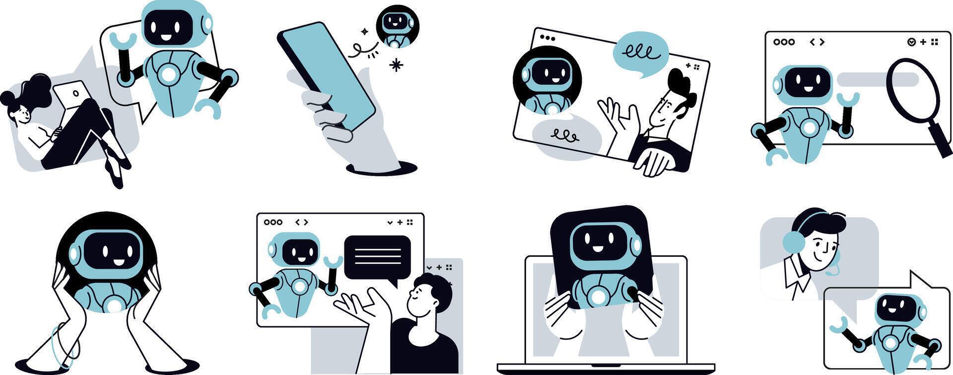 Illustrations of AI robots in communication vector