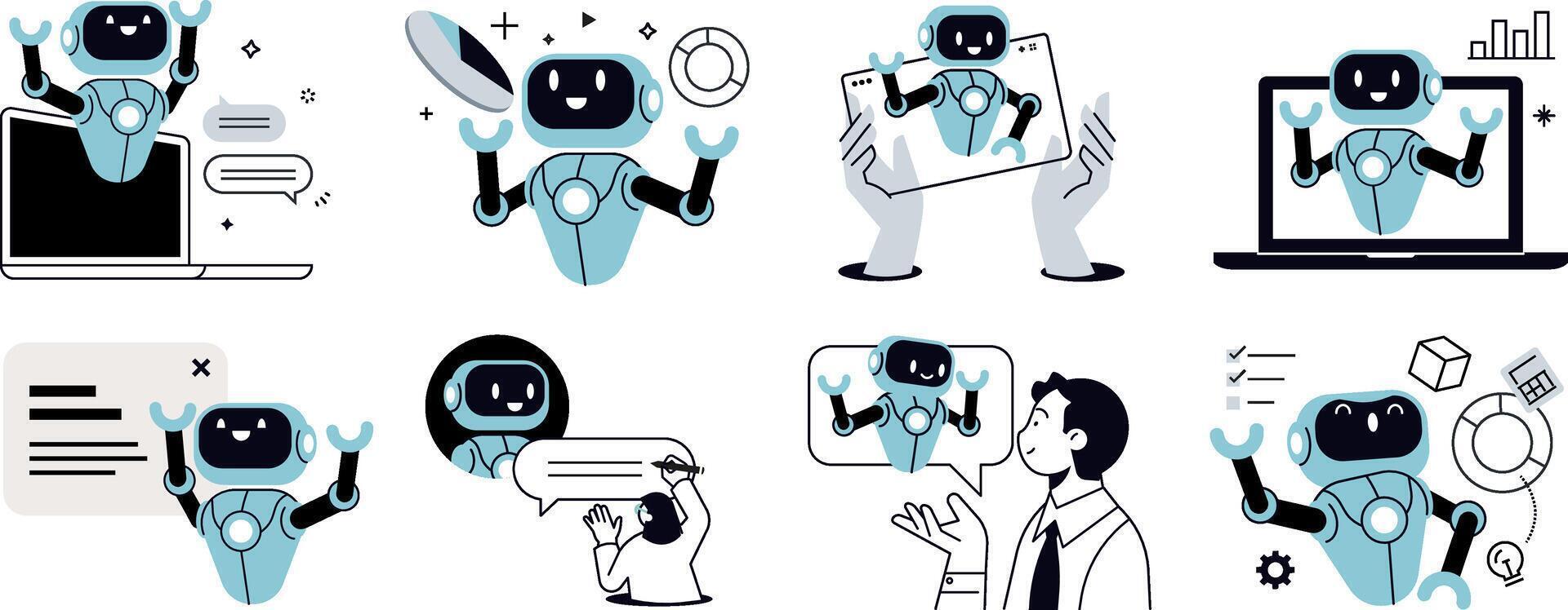 Robot illustrations interacting with technology vector