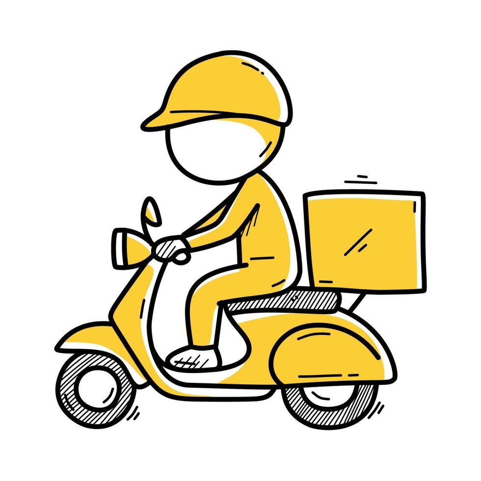 Hand drawn illustration of a delivery man riding a yellow scooter with helmet and package box. Perfect for shipping, logistics, courier, and fast delivery service concepts. vector