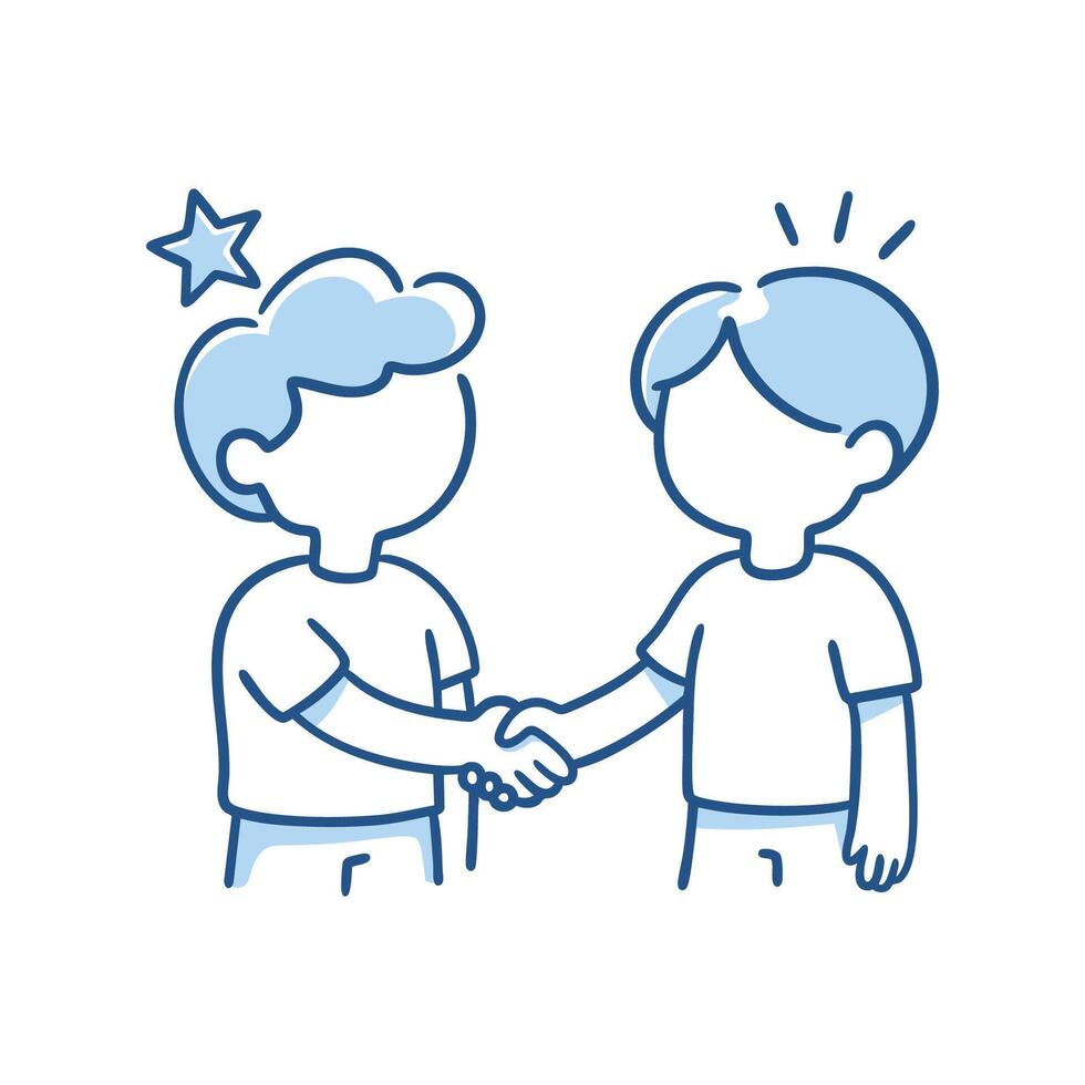 Cute cartoon style illustration of two boys shaking hands. Perfect for friendship themes, childrens content, education, and social connection visuals. vector