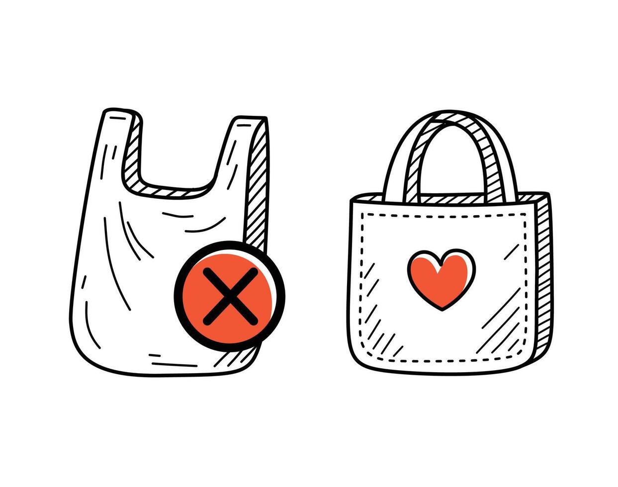 Minimalist doodle illustration showing a banned plastic bag and reusable tote bag with heart icon. Promotes awareness for International Plastic Bag Free Day and eco conscious living. vector