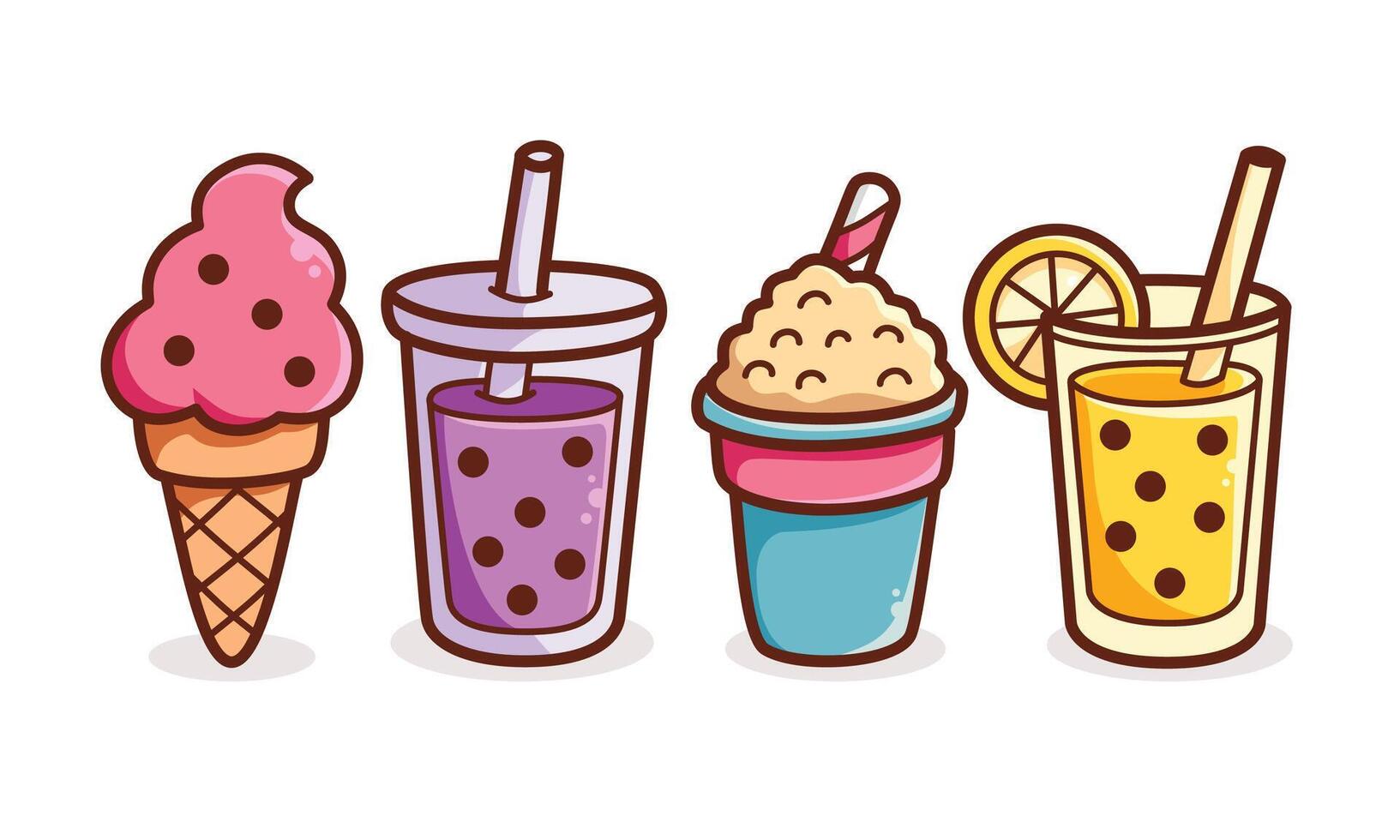 Colorful doodle illustration of refreshing summer drinks and ice cream including bubble tea, lemon drink, shaved ice, and cone. Perfect for summer, food design, and drink icons. vector