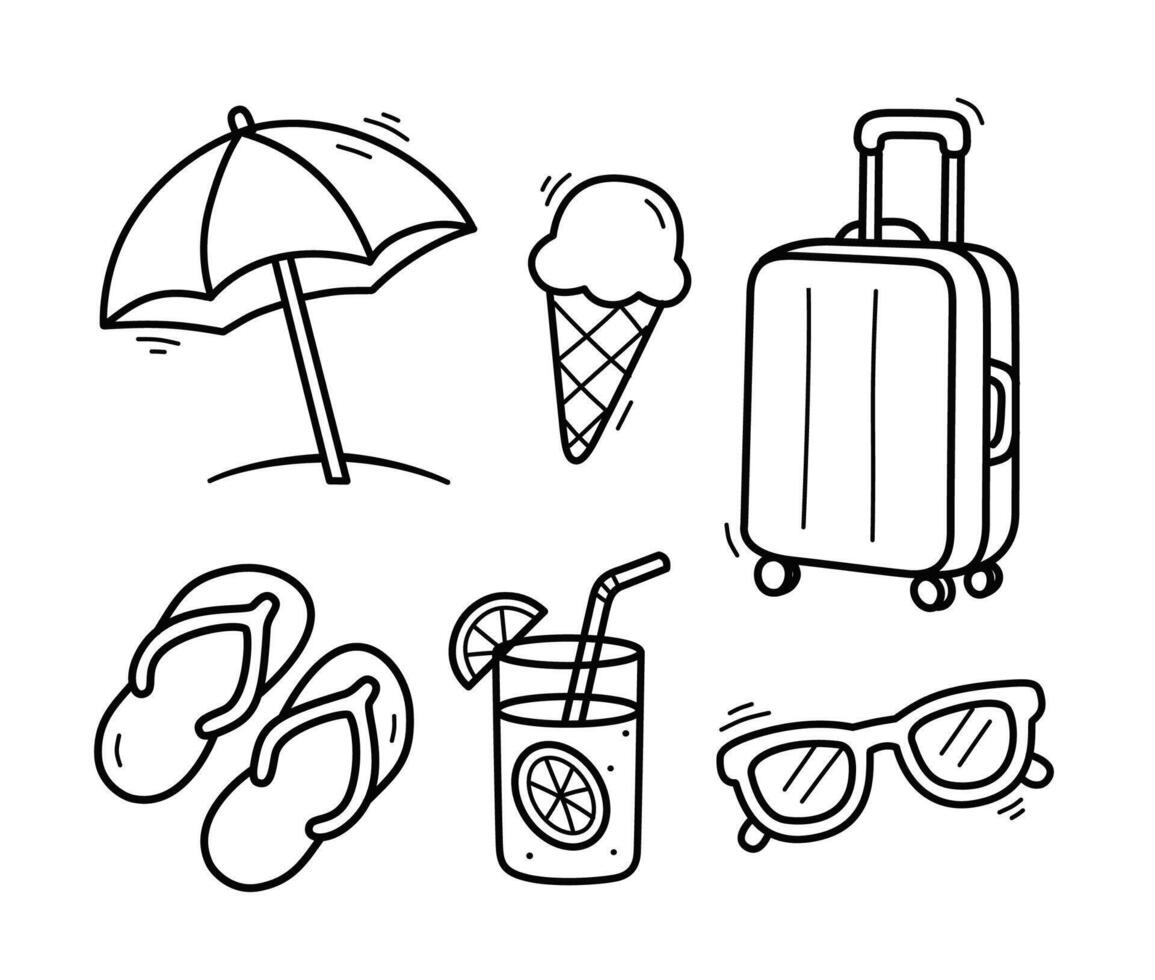 Hand drawn doodle set of summer vacation essentials in black and white, umbrella, suitcase, ice cream, flip-flops, sunglasses, and drink. Perfect for travel, holiday, and tropical themes. vector