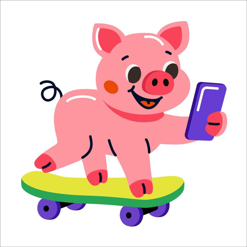 Cute pink pig riding a skateboard while holding a smartphone, fun cartoon character symbolizing joy, youth, and modern digital lifestyle. vector