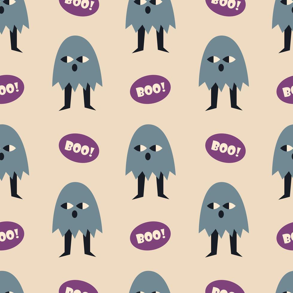 Cute Ghost Pattern with Boo Speech Bubble Seamless Pattern. Perfect for Halloween designs, creating a playful atmosphere. vector