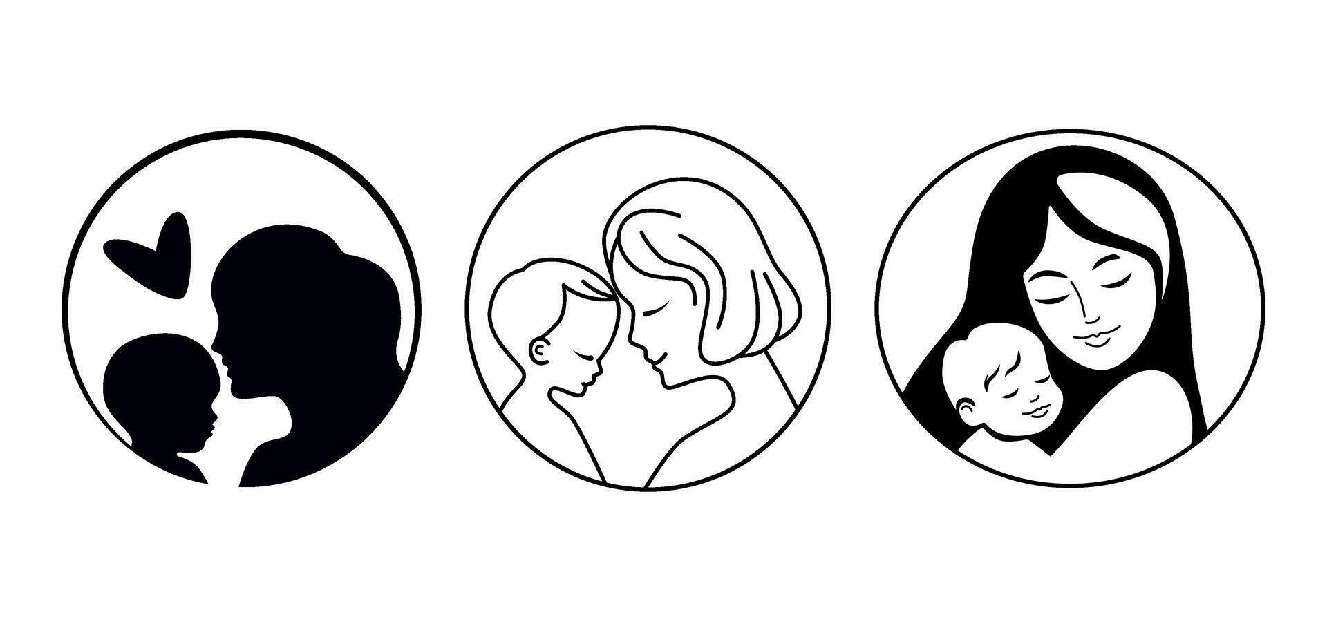 Mother and Child Affection Icon Set. Set of illustrations depicting nurturing moments between mothers and children. vector