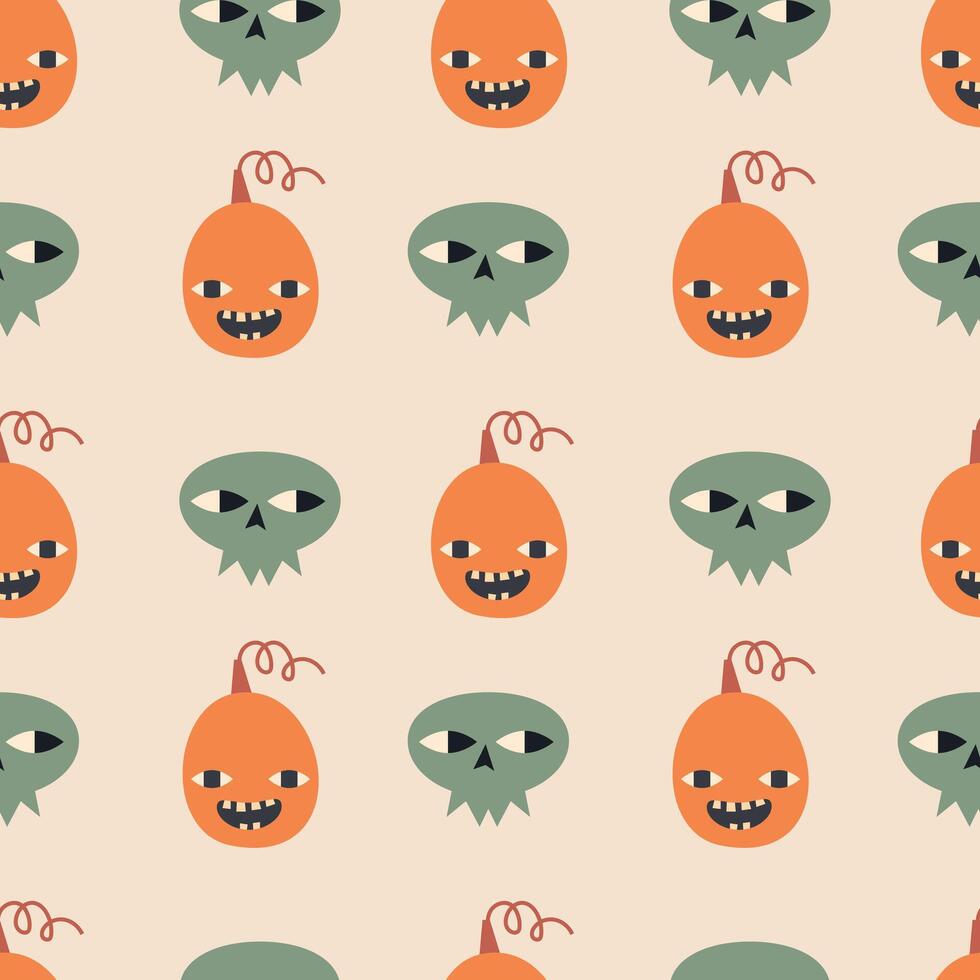 Halloween Pumpkin and Skull Seamless Pattern Illustration. Perfect for festive designs, invitations, or seasonal decorations. vector
