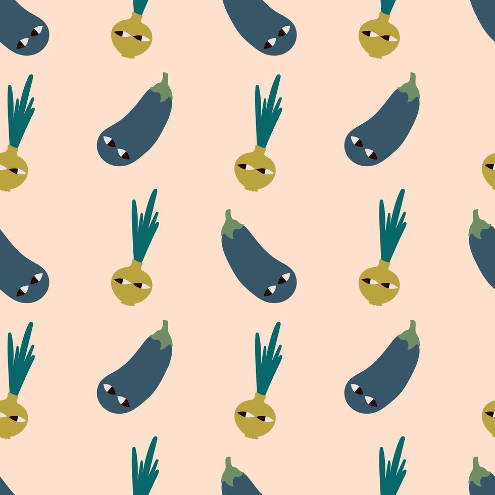 Whimsical vegetable seamless pattern. Eggplants and onions with expressive faces, arranged on a soft background. vector