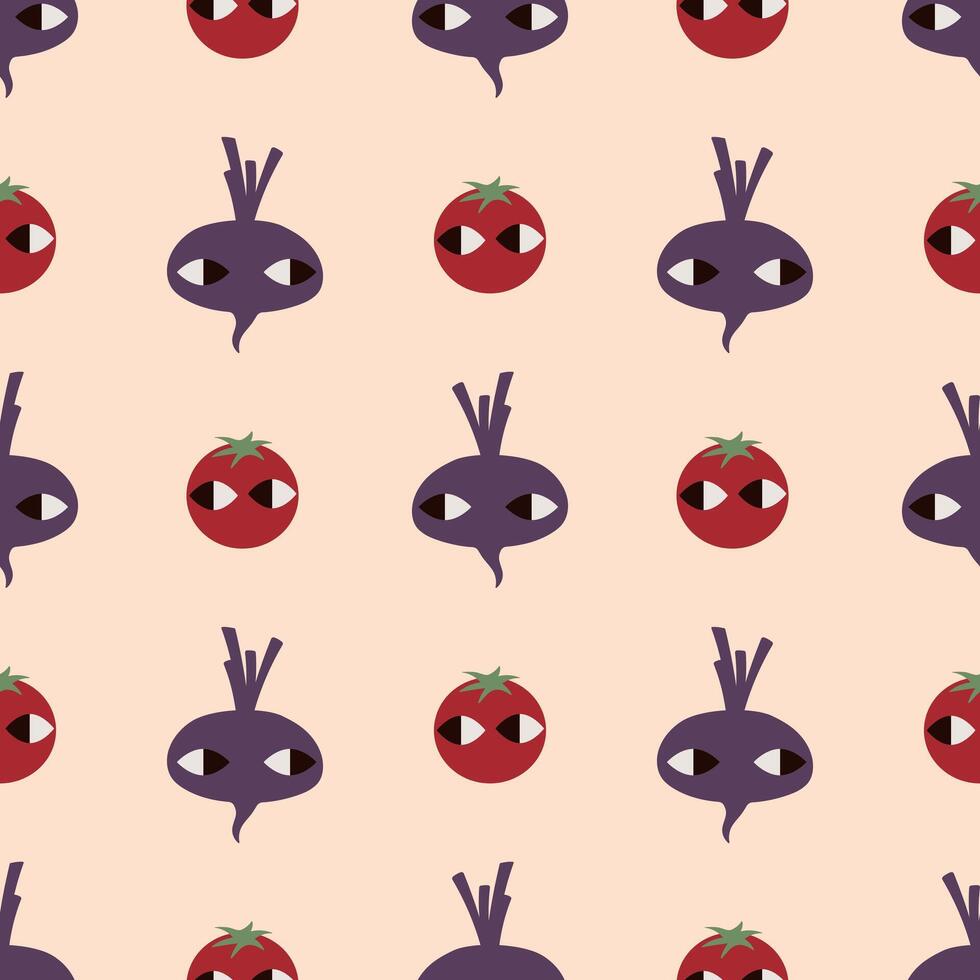 Playful Tomato and Beetroot Illustration Seamless Pattern. Ideal for textile design, home decor, and creative projects. vector