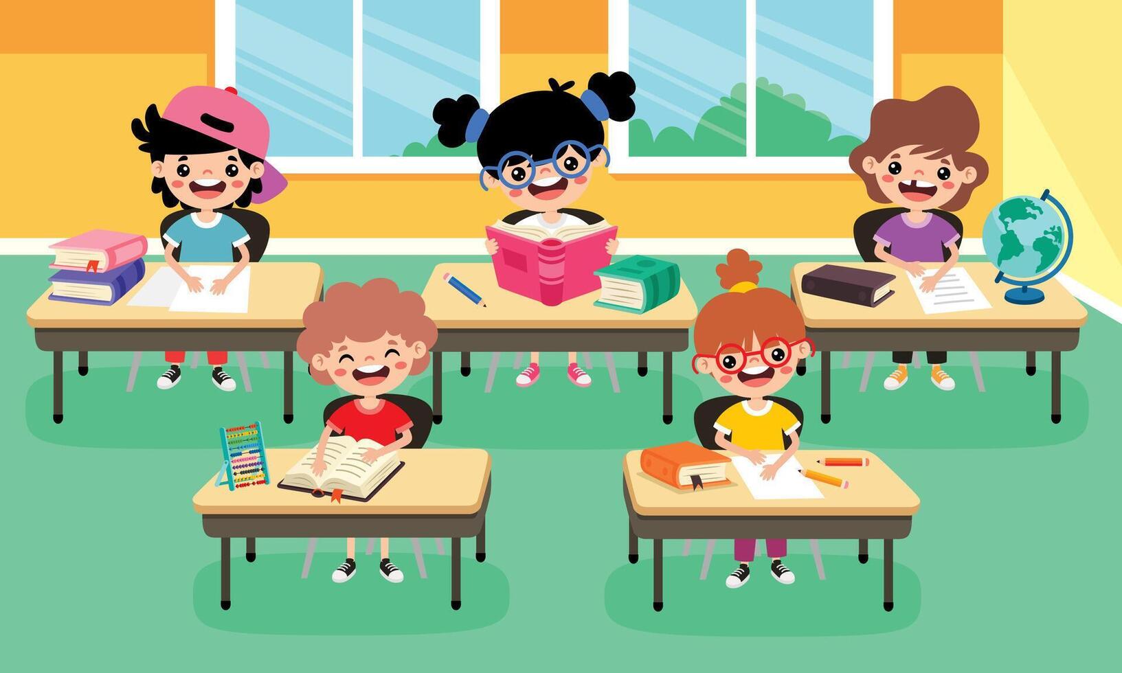 Children studying in a colorful classroom vector