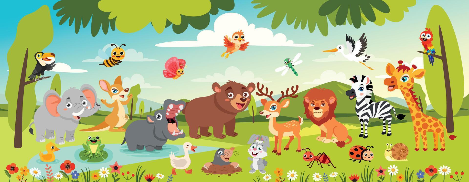 Cartoon animals in nature vector