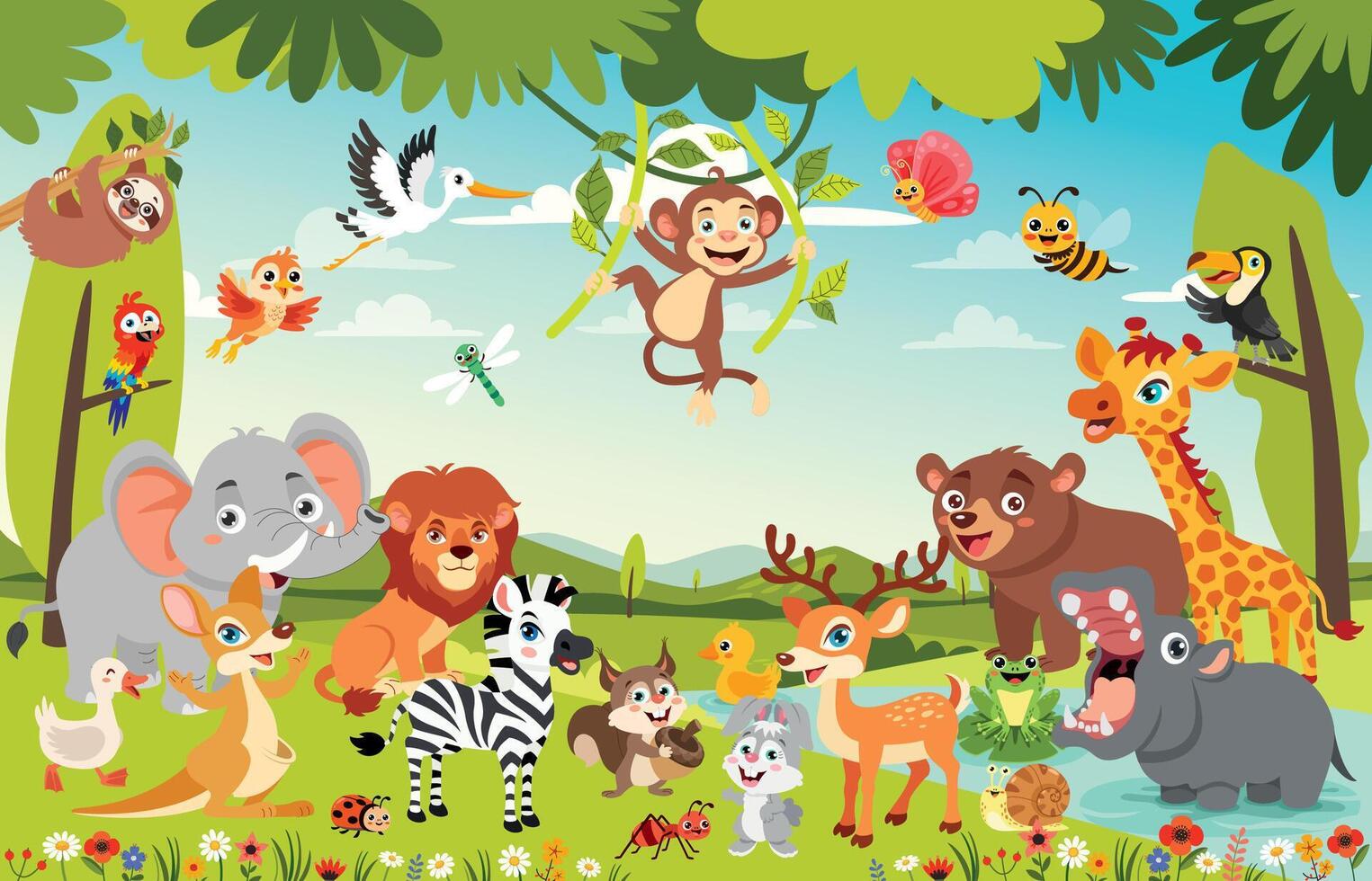 Cartoon animals in a jungle setting vector
