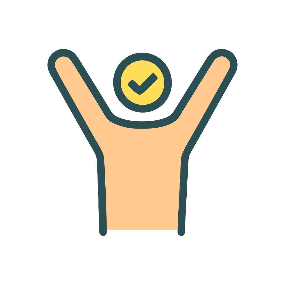 Triumphant figure with approval checkmark. Icon symbol illustration vector