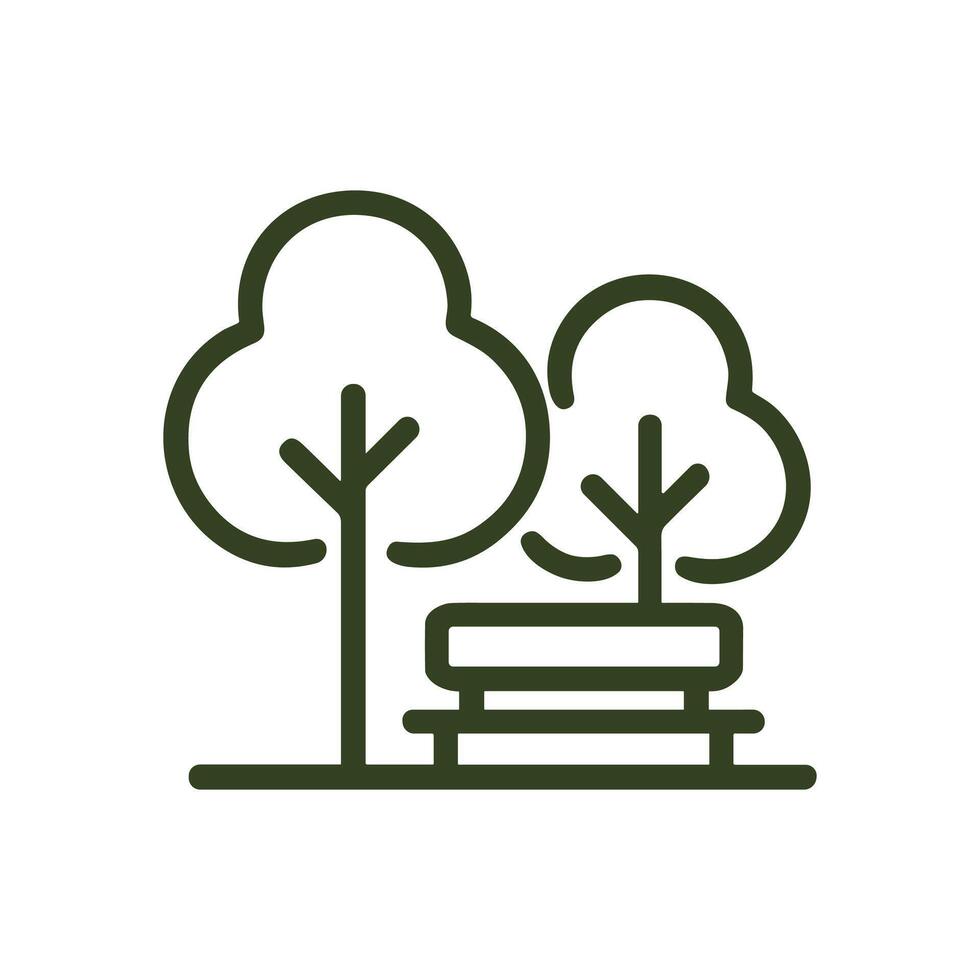 Park bench underneath stylized trees. Icon symbol illustration vector