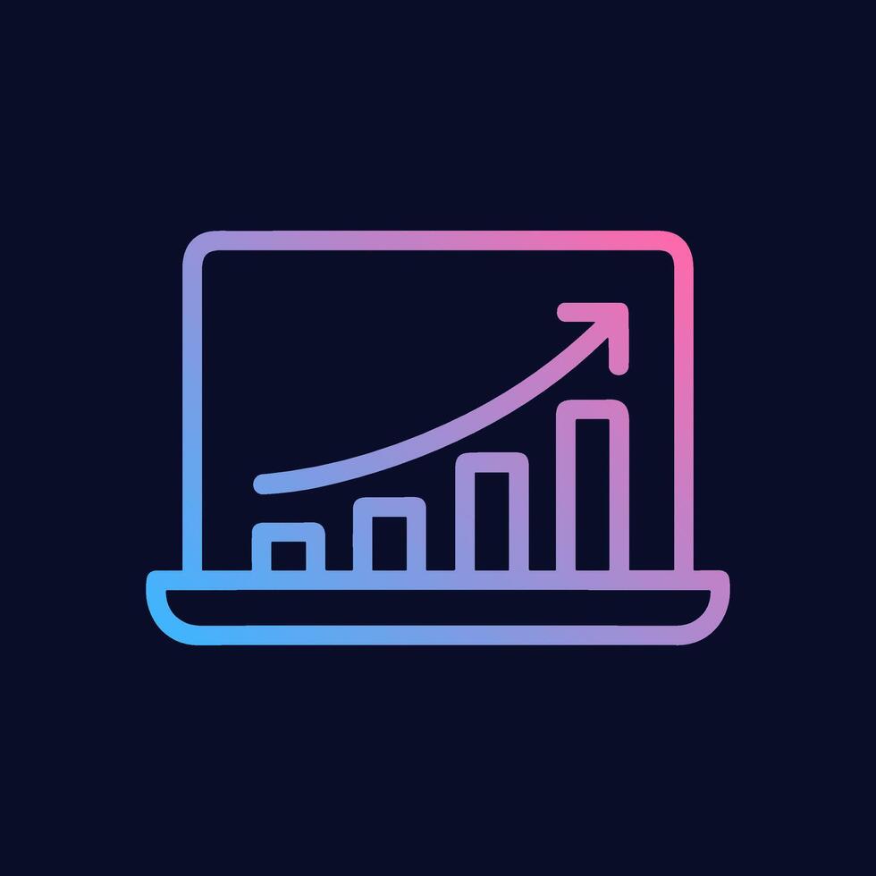 Laptop display showing an upward trending graph. Icon symbol illustration vector