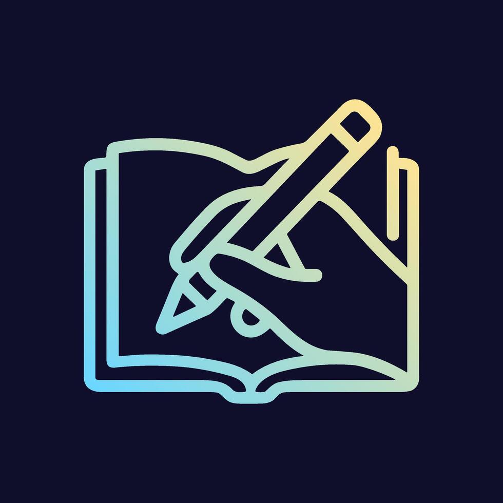 Writer in book with hand and pen. Icon symbol illustration vector