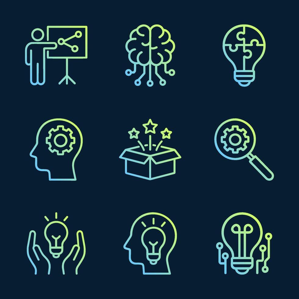 Conceptual icons illustrate ideas solutions. Icon symbol illustration vector