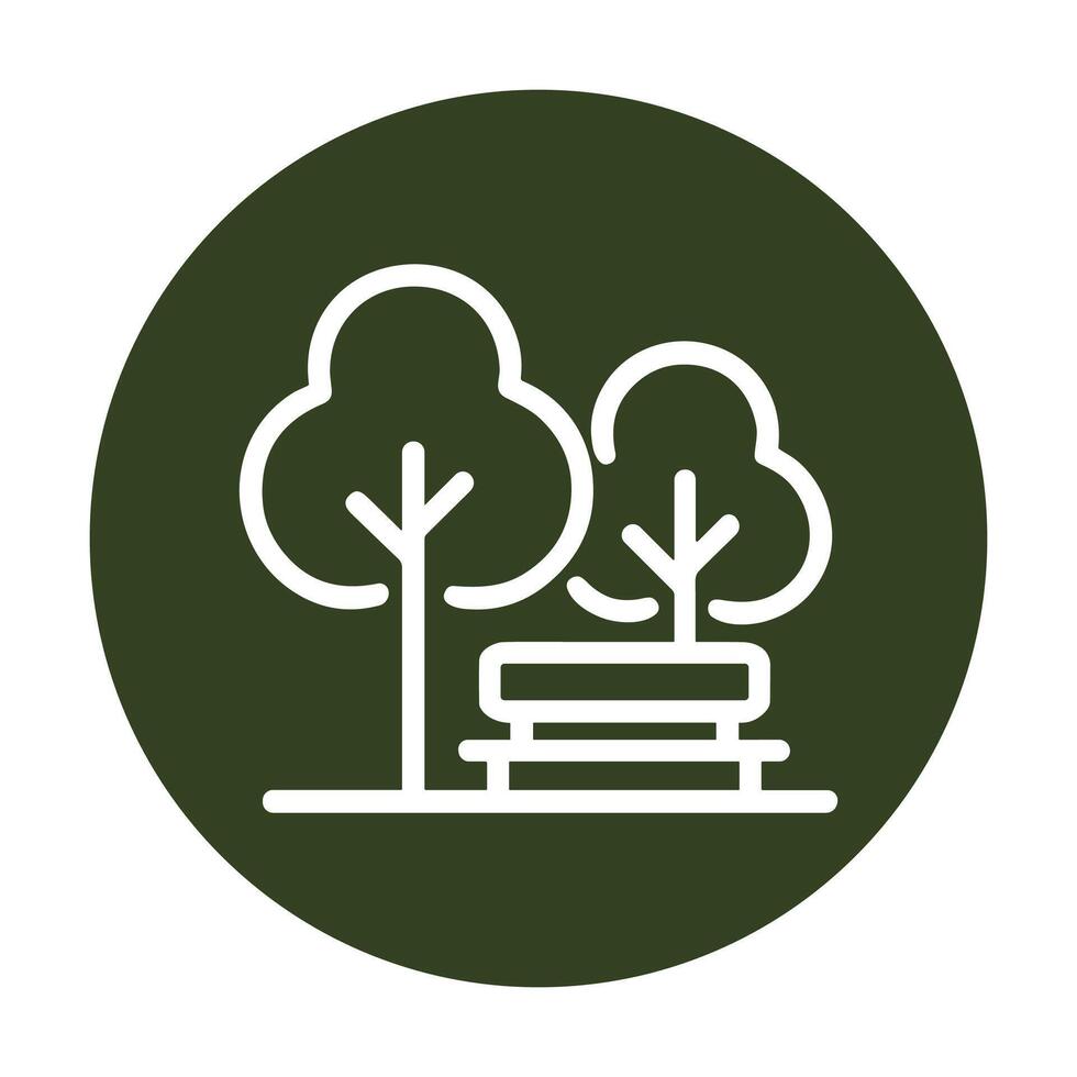 Serene park scene within circular frame. Icon symbol illustration vector