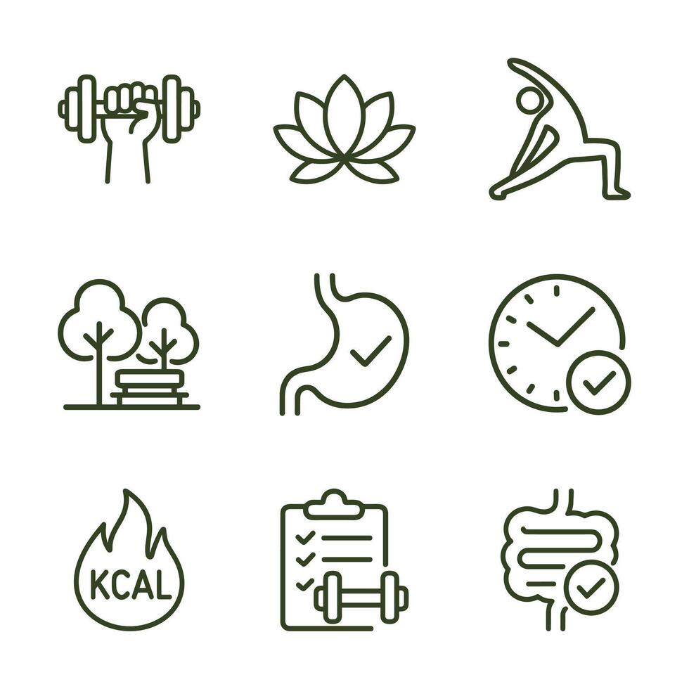 Healthy lifestyle symbols in an organized grid. Icon symbol illustration vector