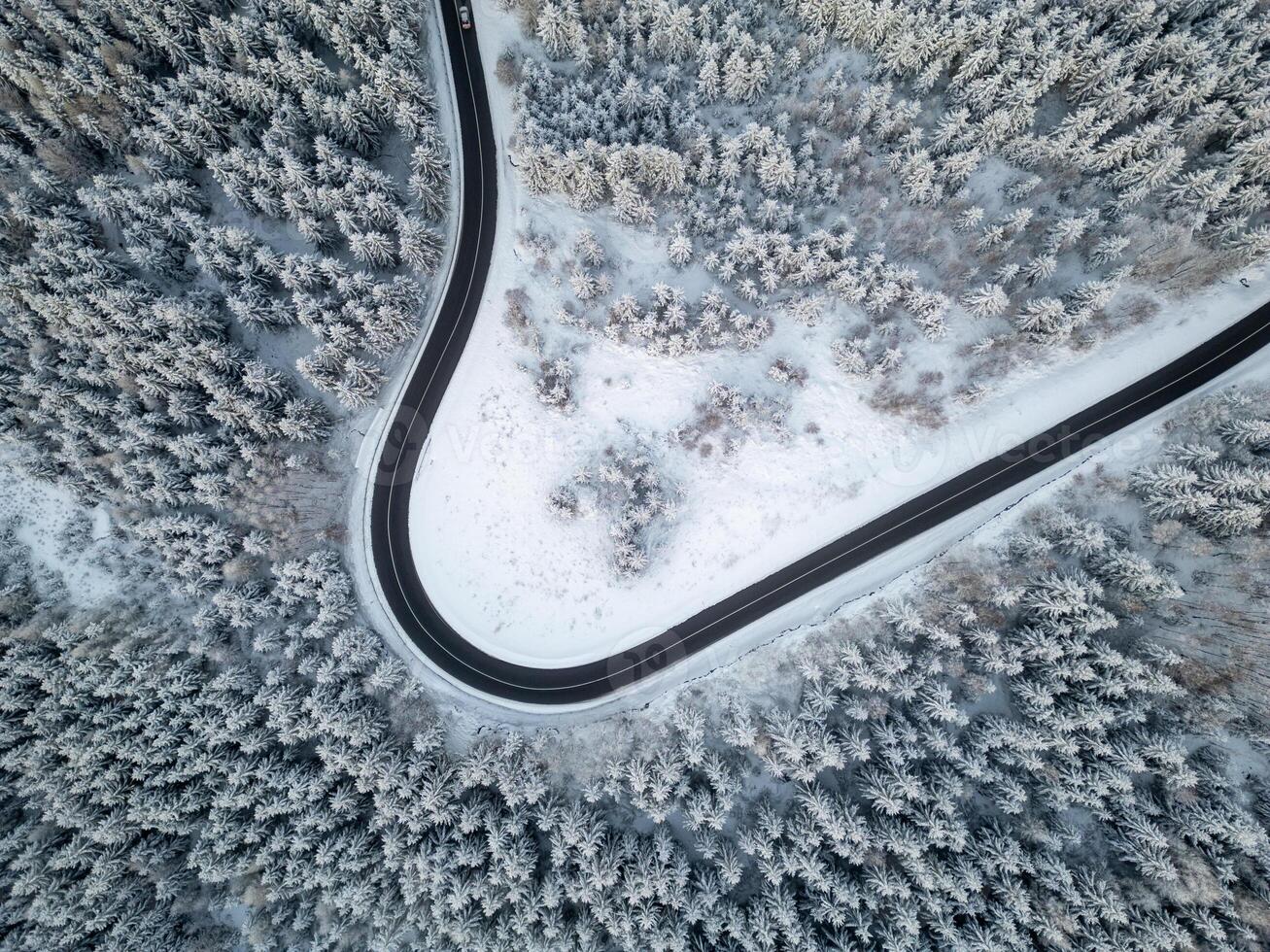 A winding road cuts through a thick forest blanketed in snow. The scene captures the serene beauty of winter in a remote area, with trees heavily covered in frost. photo