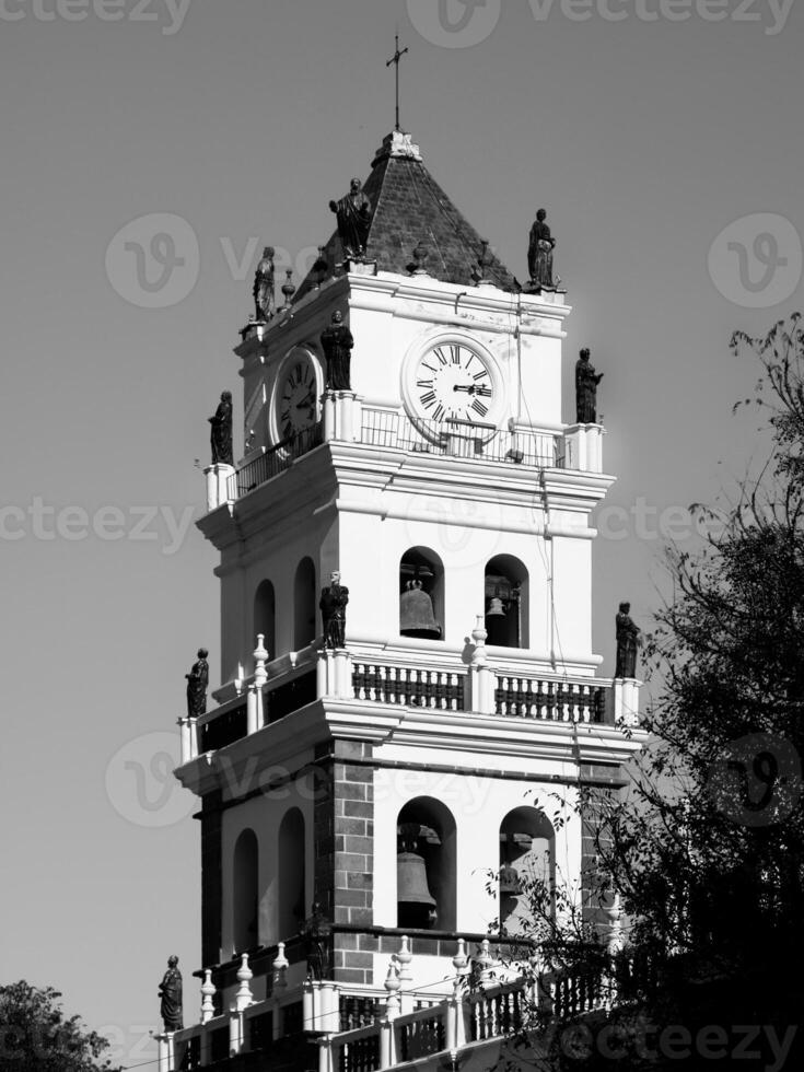 Bell tower of Sucre Cathedral, Sucre, Bolivia. Black and white image. photo