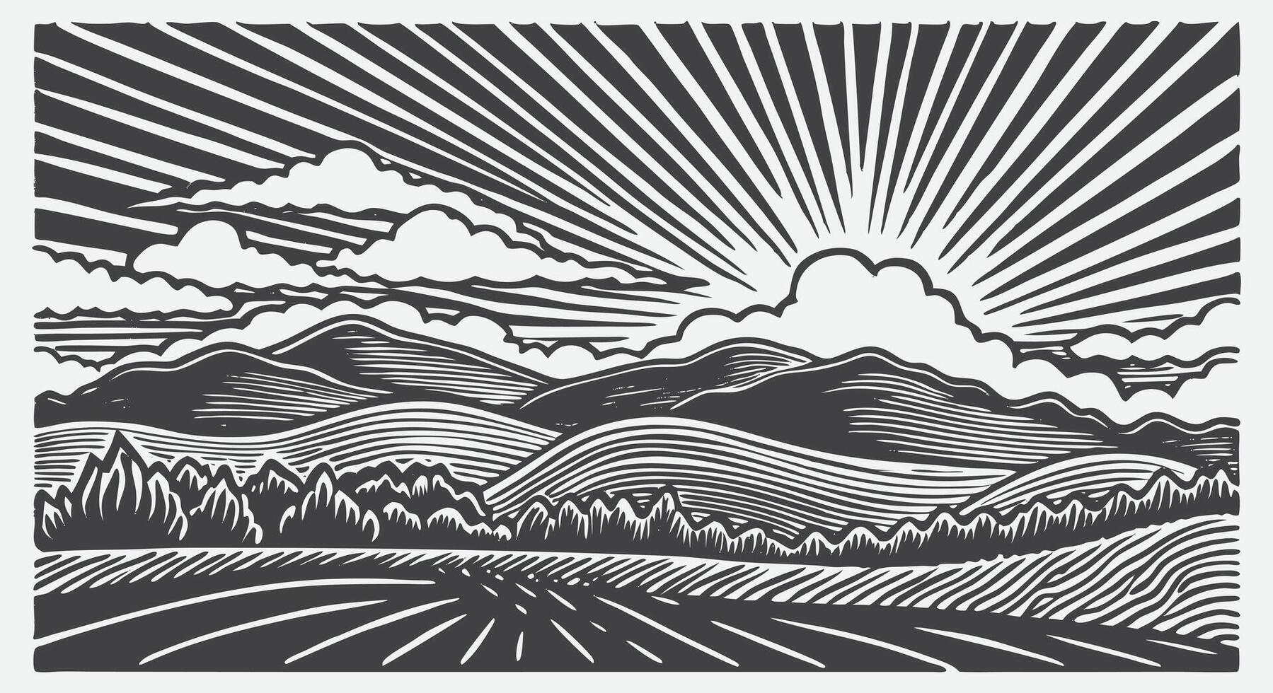 Sunrise Scene with Silhouetted Rolling Hills Landscape and Sunlight Rays Behind Horizon in Morning Light vector