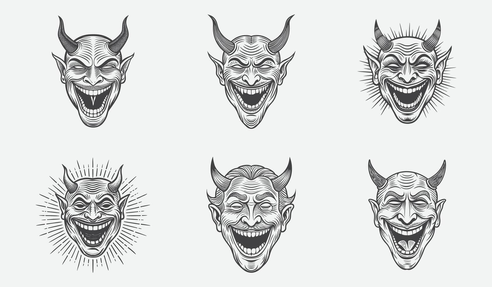 Laughing Devils in Dynamic Dark Silhouettes with Mischievous Expressions and Playful Evil Character Poses vector