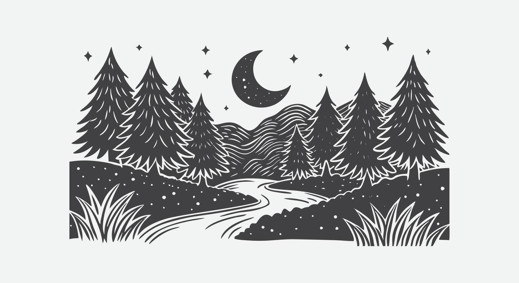 Peaceful Nighttime Woodland Scene with Crescent Moon and Tree Silhouettes Under Starry Sky in Tranquil Forest vector