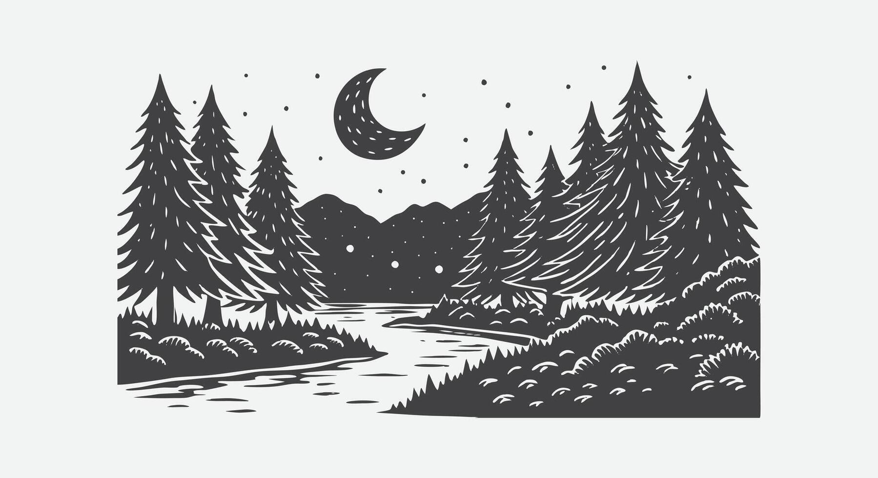 Peaceful Nighttime Forest Scene with Crescent Moon and Tranquil Silhouetted Trees Under Starry Sky vector