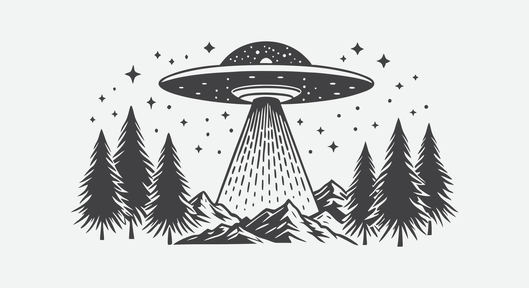 UFO Flying Saucer Hovering Above Mountain Hills and Pine Forest with Trees and Sky in Silhouette Style vector