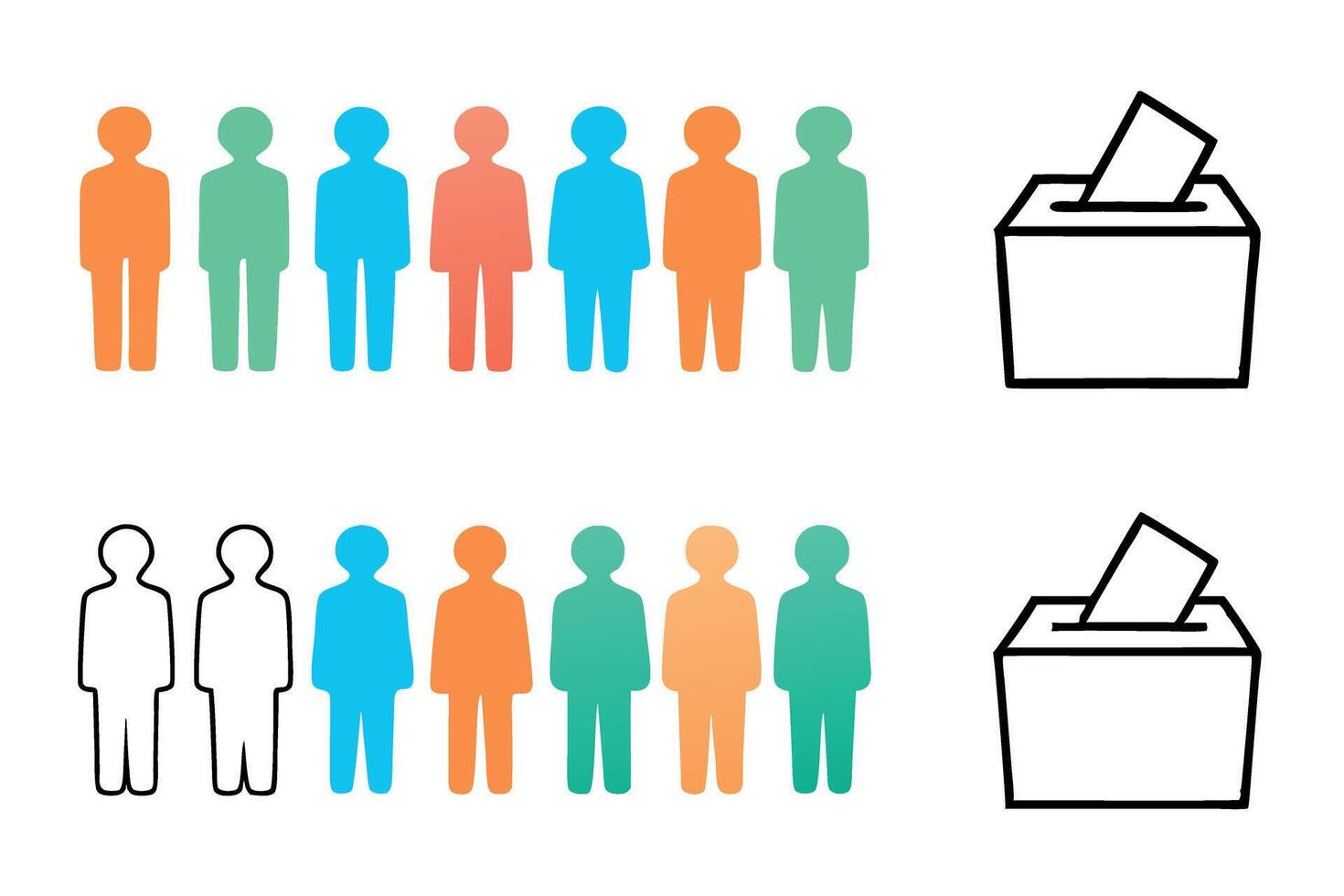 Diverse silhouettes of people in a long queue with voting box, participation concept icon set vector