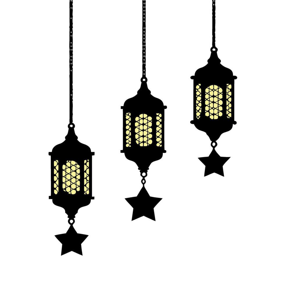 Traditional Ramadan lanterns illuminated by soft glow and adorned with golden accents for a warm, welcoming celebration of the Islamic holy month Ramadan Islamic icon vector